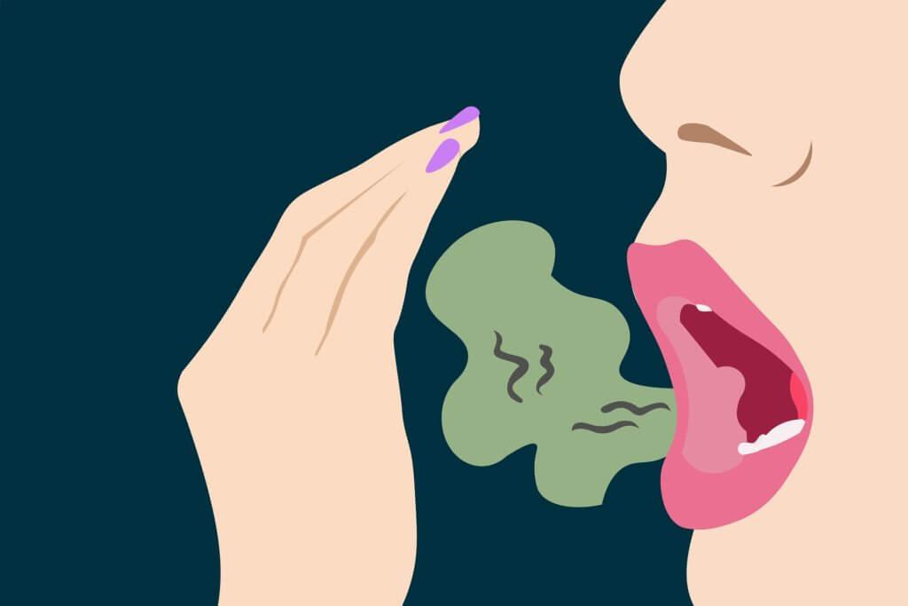 A cartoon image of a women with bad breath