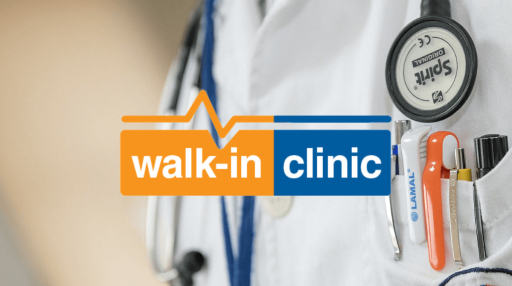 walk in clinic logo with a doctor in the background