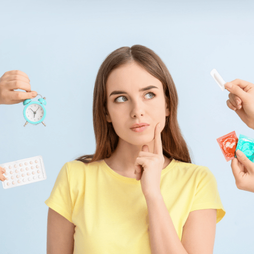 Thoughtful Woman with Different Contraceptive Methods