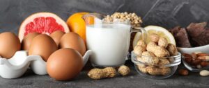 Different food products on grey background