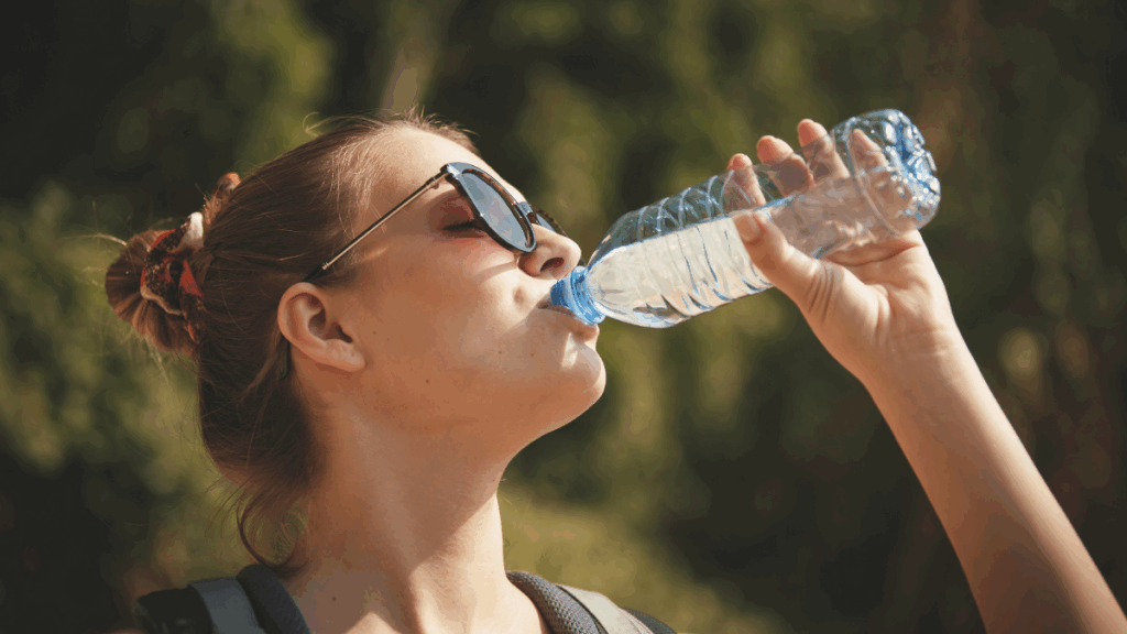 a woman drinking water to stay hydrated.